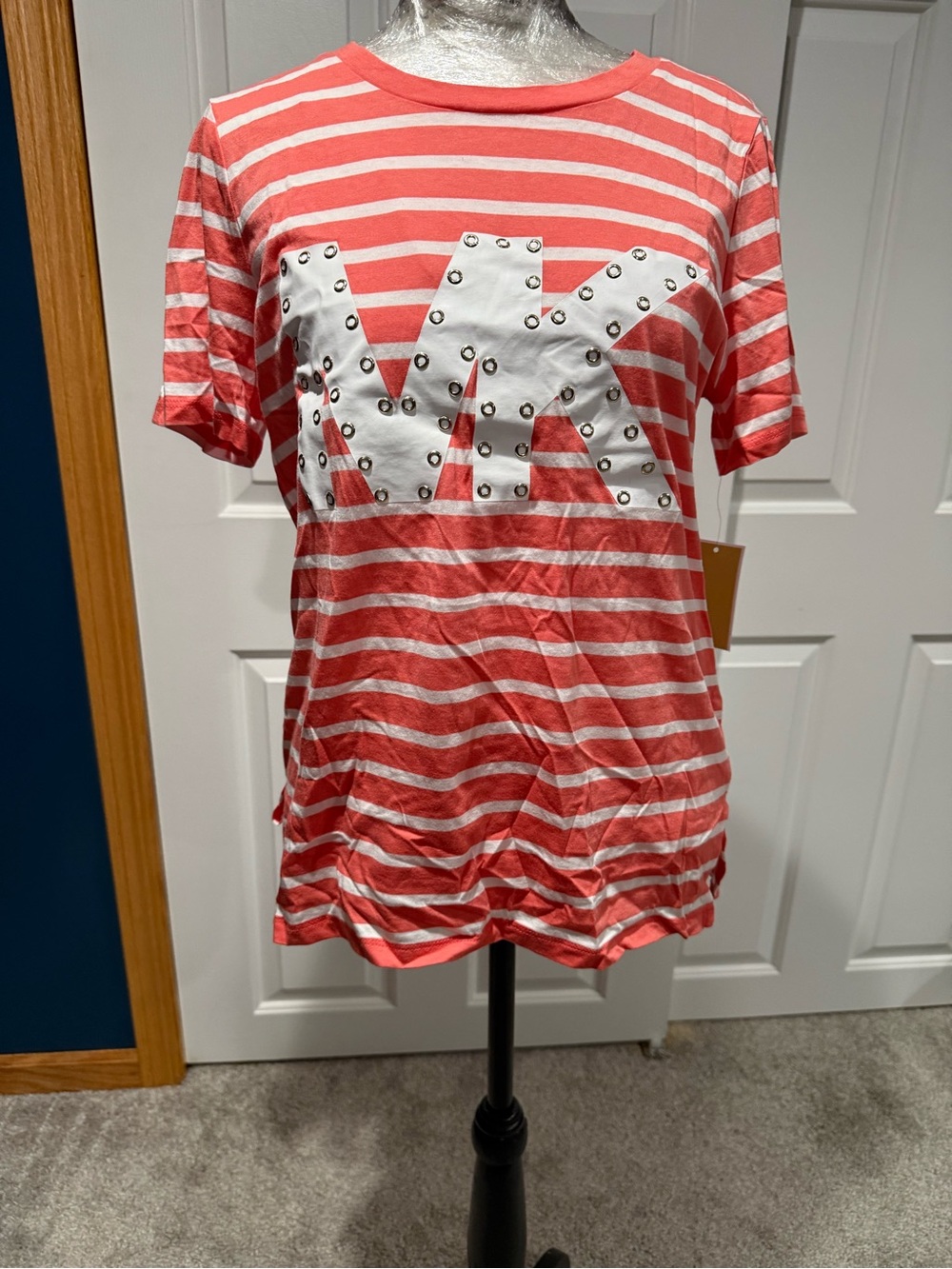 Girls' Striped Michael Kors Logo Tee - Coral and White